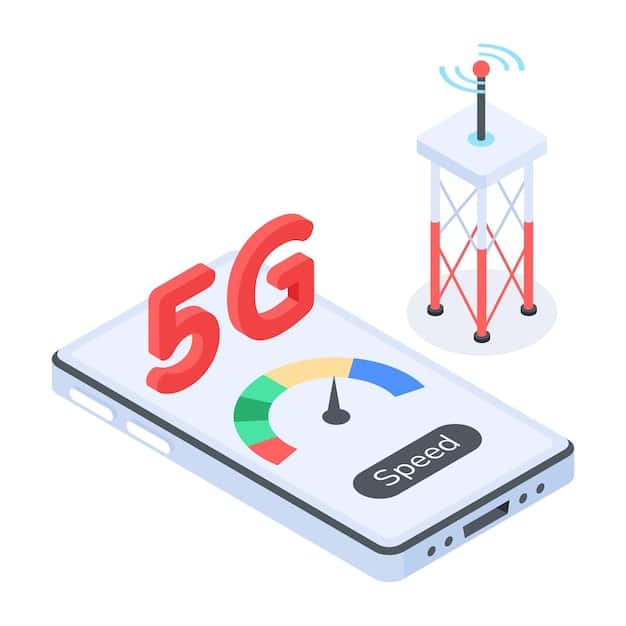 A detailed illustration comparing latency between 4G and 5G networks, with the 5G connection showing noticeably shorter response times for IoT device communication.
