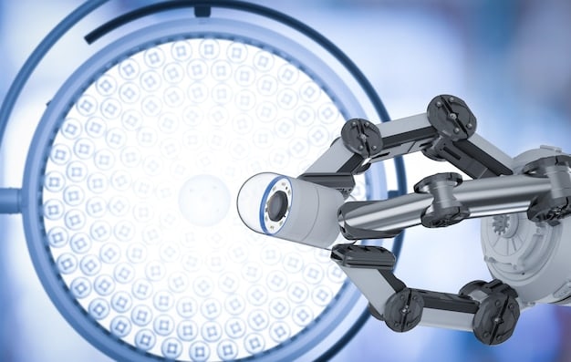 A close-up shot of a surgical robot performing a delicate procedure with extreme precision, highlighting the advanced technology and medical expertise involved.