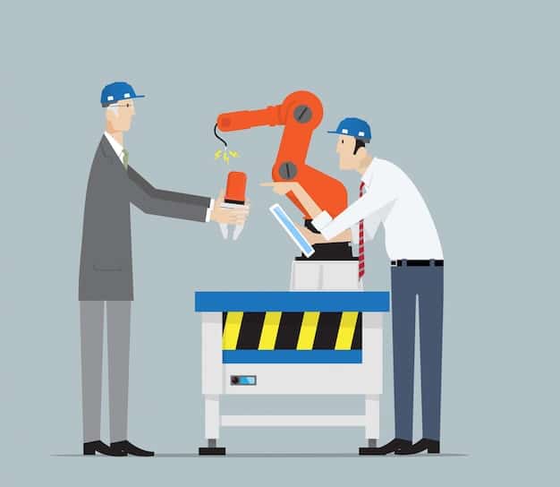 A collaborative robot (cobot) working side-by-side with a human worker on an assembly line, highlighting the teamwork and safety features.