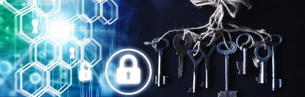 A graphic depicting Shor's algorithm attacking an RSA encrypted lock. The lock is breaking apart, and quantum particles are swirling around it, illustrating the quantum computer's ability to factor large numbers quickly.