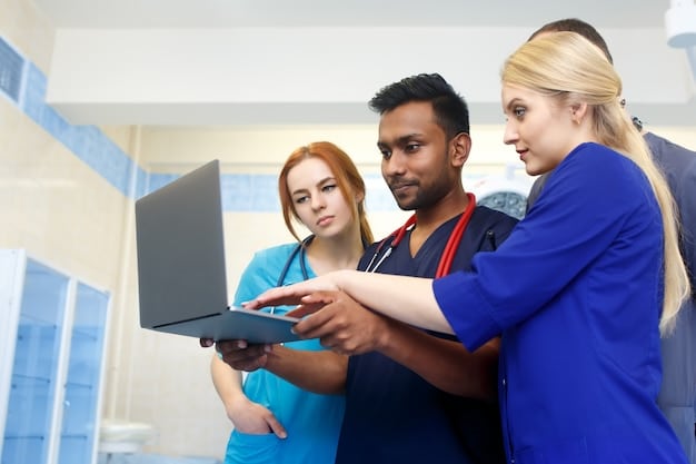 An image depicting a diverse group of healthcare professionals collaborating in a modern, tech-enabled hospital setting. One is analyzing data on a large screen, another is consulting via telehealth, and a third is reviewing a patient's electronic health record on a tablet.