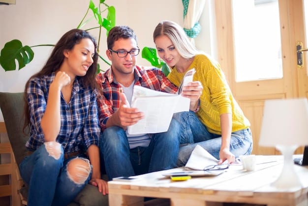 A family sitting at a table, reviewing documents related to a housing assistance application. They appear hopeful and determined. The room is well-lit and comfortable, representing the security affordable housing can provide.