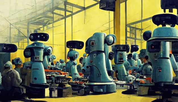 An assembly line in a US factory, showcasing robotic arms and advanced manufacturing technology. The image highlights the investment in automation and technology that characterizes US manufacturing.