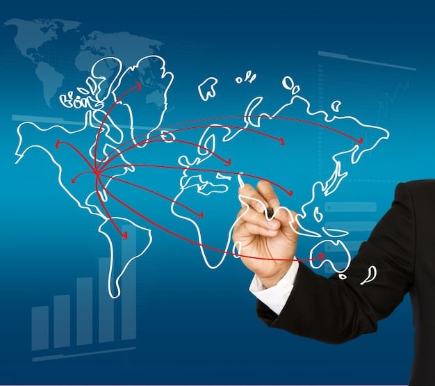 A world map highlighting different potential sourcing regions for US businesses, with lines indicating trade routes. Include icons representing different industries, such as manufacturing, agriculture, and technology.