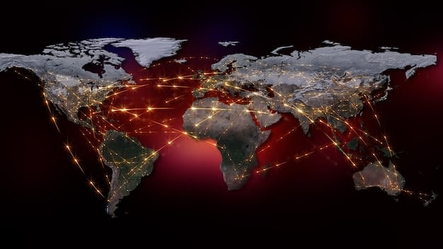 A world map overlaid with digital gridlines, emphasizing the interconnectedness of global data flows and the regulatory challenges faced by US companies.