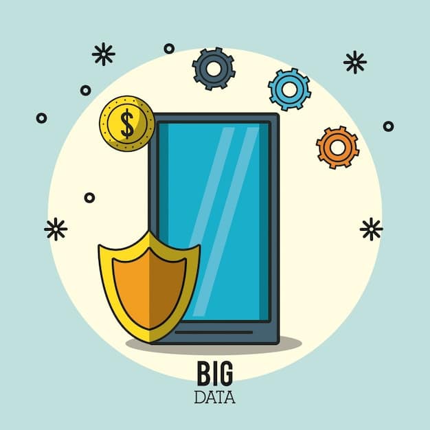 A shield icon with a lock inside, surrounded by data symbols, representing data security and protection measures US companies should implement.