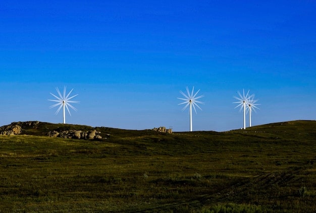 A wide shot of a large wind farm on a sunny day, with multiple wind turbines turning against a blue sky. The landscape is grassy and rolling, indicating a rural location.