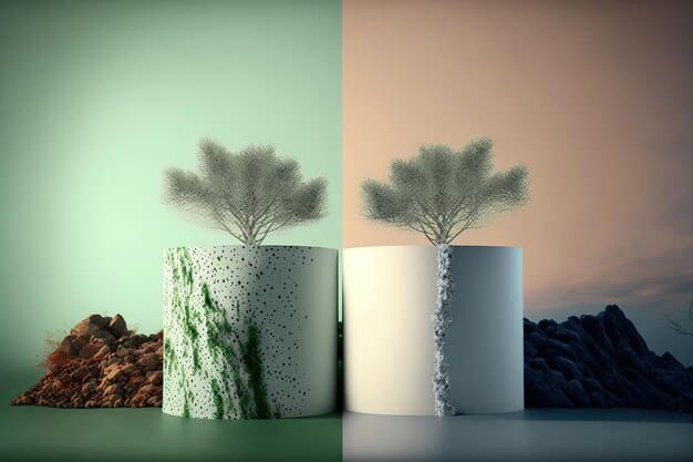 A split-screen image showing a product manufactured with unsustainable practices on one side and a redesigned version with sustainable and eco-friendly materials on the other. Labels highlight the differences in carbon footprint and resource usage.