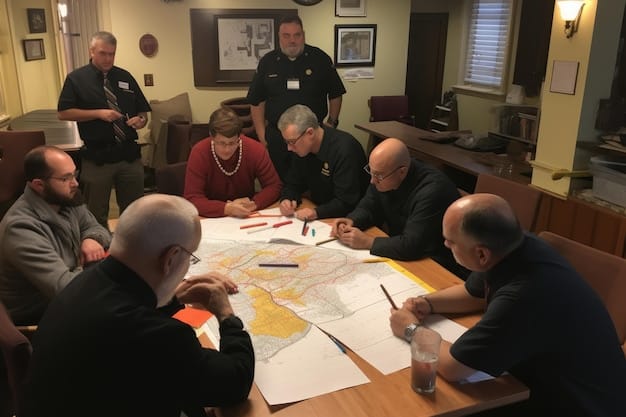 A team of professionals huddled around a table, reviewing documents related to patents and trademarks. The atmosphere suggests a collaborative strategy session focused on intellectual property rights.
