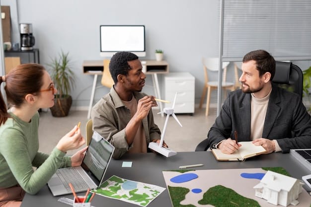 A group of business executives discussing strategies to reduce carbon emissions during an international trade conference. The image should show a diverse group of people engaged in a productive conversation.