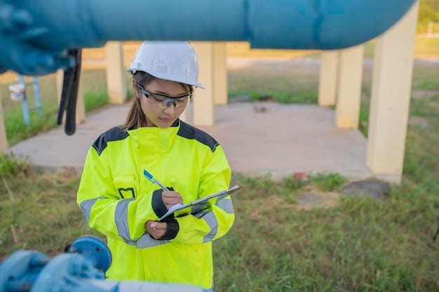 A technician using a handheld optical gas imaging (OGI) camera to detect and visualize a methane leak at a natural gas compressor station.