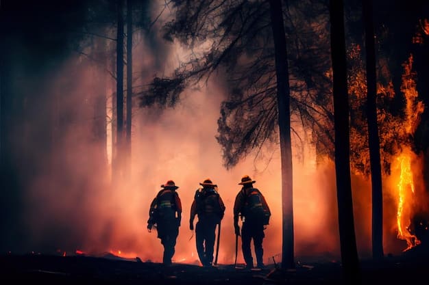 A group of firefighters battling a wildfire in a rural area, showing the intensity and danger of the job, along with the equipment and coordination involved in suppressing the fire.