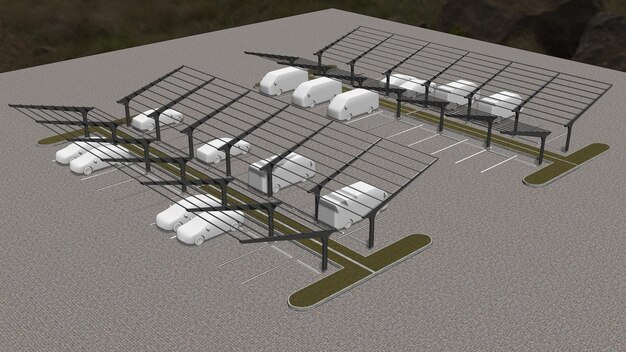 A rendering of a direct air capture facility in a rural setting, showing the modular units capturing CO2 from the air, with a background of wind turbines and solar panels, symbolizing a green energy future.