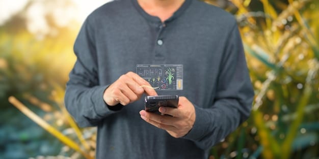 A detailed image of a farmer using a handheld device to monitor soil moisture levels in a field with advanced irrigation technology. The background shows a healthy crop yield despite visible signs of heat stress