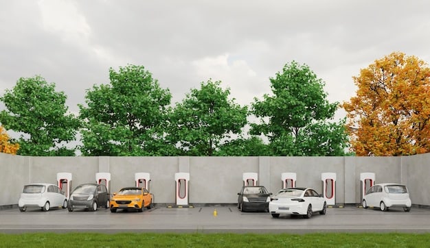 A modern electric vehicle charging station in a suburban area of the US, with several different types of EVs plugged in and charging, highlighting the diversity of electric vehicle models available to consumers.