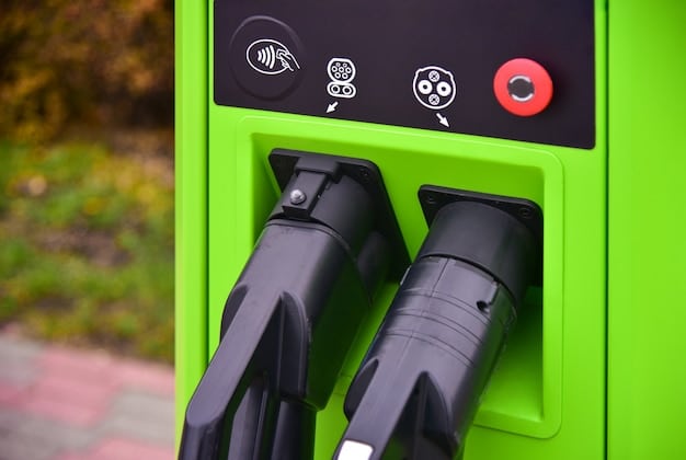 A close-up of a DC fast charging station, showcasing the technology and connectors, with a focus on the speed and efficiency of the charging process.