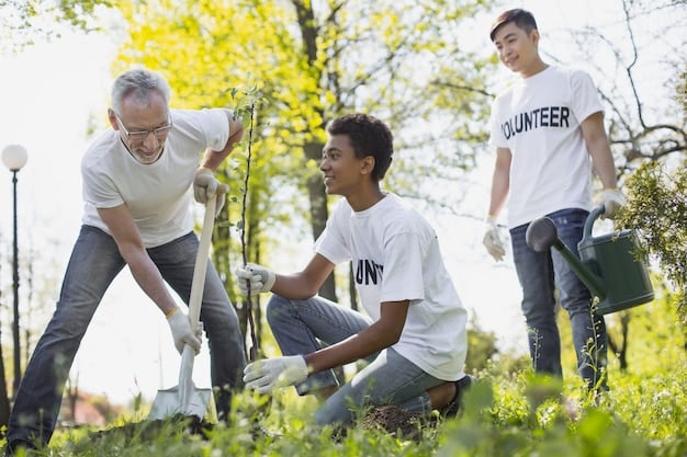 A group of community members planting trees in an urban neighborhood as part of a local green initiative, showcasing environmental justice and community engagement.