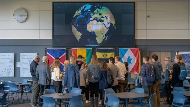 A photograph of a United Nations climate summit with delegates from various countries engaged in discussions. The image captures the intensity of the negotiations and the diversity of global perspectives.