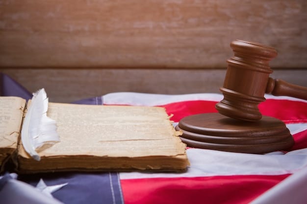 A gavel resting on top of a stack of legal documents, with a blurred background of the US Capitol building.