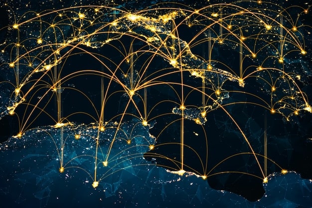 An abstract representation of interconnected global networks, symbolizing the complex flow of data and technology subject to US export controls. The image uses a color palette of deep blues, greens, and oranges to highlight different regions and areas of control.