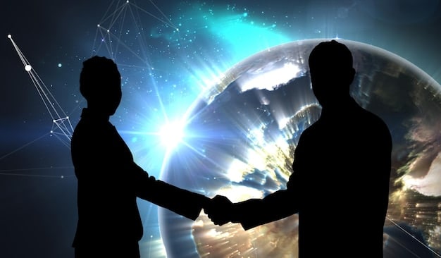 A digitally enhanced image showing a handshake between a US and EU official, with subtle representations of trade deals, cybersecurity symbols, and environmental standards in the backdrop, highlighting multi-faceted cooperation.