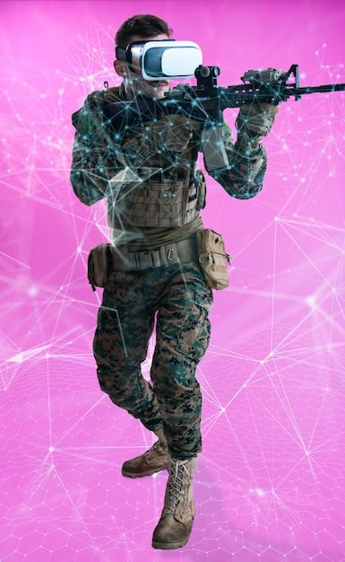 A split image. One side shows a soldier in traditional combat gear, and the other side shows a futuristic soldier in advanced armor with augmented reality displays.