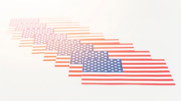 A split image showing the US flag on one side and the BRICS nations flags arranged together on the other side, with arrows indicating a flow of economic power towards the BRICS side.