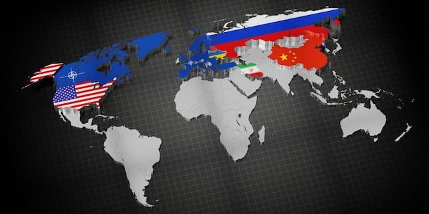A world map highlighting countries allied with the US in blue, and BRICS nations in red, showcasing the geopolitical dynamics.
