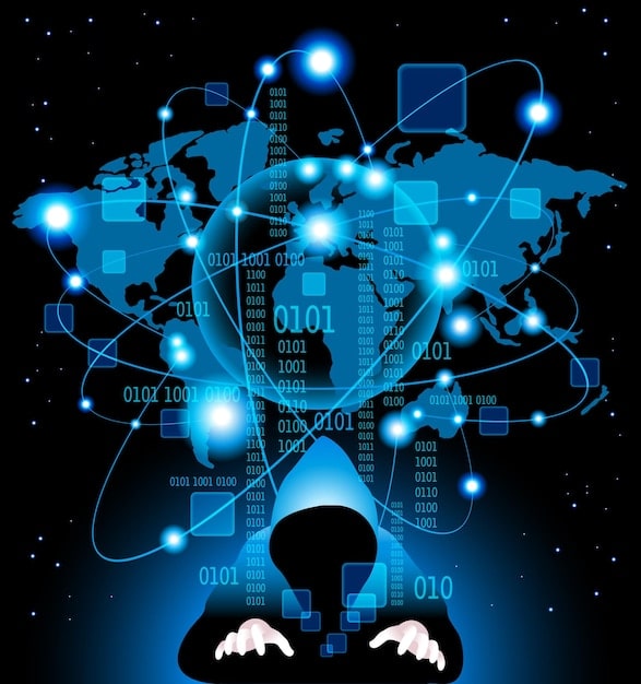 A graphic depicting the interconnected nature of global networks and the various types of cyber threats targeting US infrastructure and data.