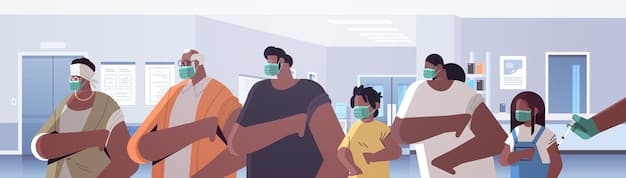 A group of healthcare workers administering vaccines in a developing country. The workers are wearing protective gear, and the scene conveys a sense of hope and progress in the fight against disease.