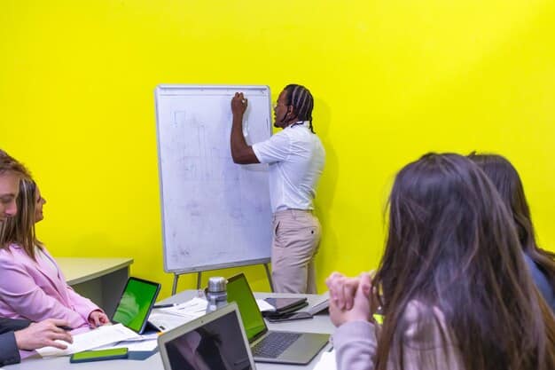 A teacher instructing a small group of students, while an adjacent screen displays a simplified dashboard of an AI learning platform providing insights, illustrating AI as a support tool for educators. Focus on human-AI collaboration.