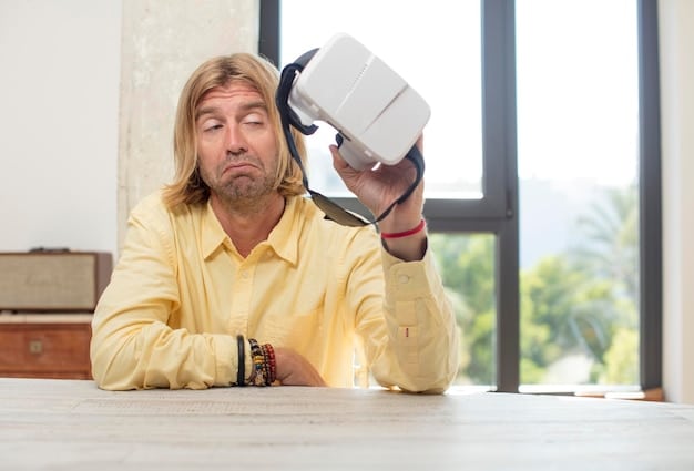 A person looking fatigued while wearing a VR headset, with a digital storm or overlapping data visuals around their head, symbolizing cognitive overload and strain.