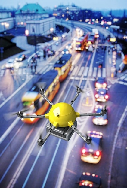A drone flying over a smart city with emergency vehicles visible, connected by a network of data lines, symbolizing smart public safety and rapid emergency response.