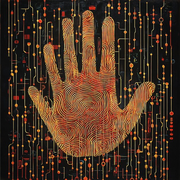 A detailed, intricate neural network graphic overlaid with human palm prints and fingerprints, symbolizing the intersection of personal identity and AI data processing, with secure lock icons peppered throughout.