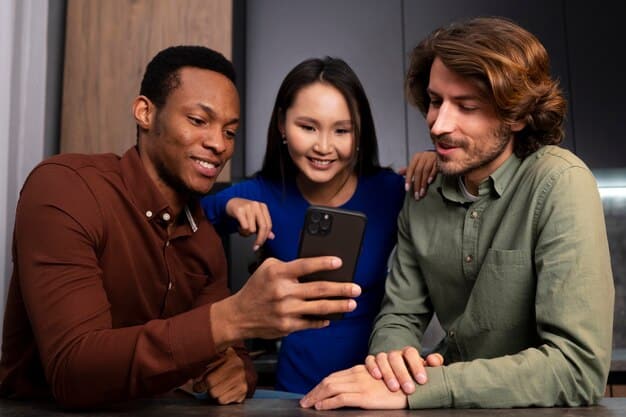 A diverse group of people, each looking at a smartphone or tablet, with subtle glowing lines connecting their devices to a central network, but with a few lines branching out to connect individuals directly, symbolizing both algorithmic silos and potential for direct communication.