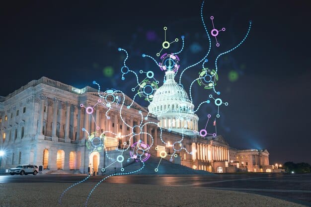 A detailed digital infographic showing intertwining data streams and policy documents, with iconic Capitol Hill and Pentagon buildings in the background, representing legislative and executive cybersecurity actions in the US.