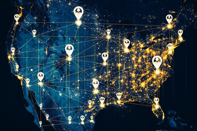 A detailed map of the US highlighting areas with strong broadband connectivity versus those with limited access, overlaid with arrows indicating population shifts.