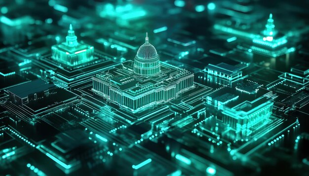 A digital representation of a gavel overlaying a circuit board, symbolizing legal and regulatory oversight on technological development, with a background of the US Capitol building.