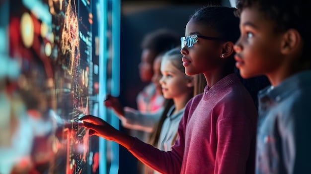 A diverse group of students engaged in a modern classroom setting, with digital overlays showing data points, graphs, and learning paths, symbolizing data-driven personalized education.