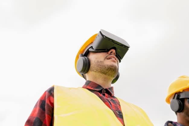 An individual in a construction hard hat and safety vest, using an AR headset to overlay building blueprints and structural integrity data onto a physical construction site, indicating precision and safety training.