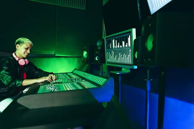 A musician in a recording studio surrounded by holographic interfaces, adjusting sound waves projected in mid-air, illustrating advanced music production with emerging technologies.