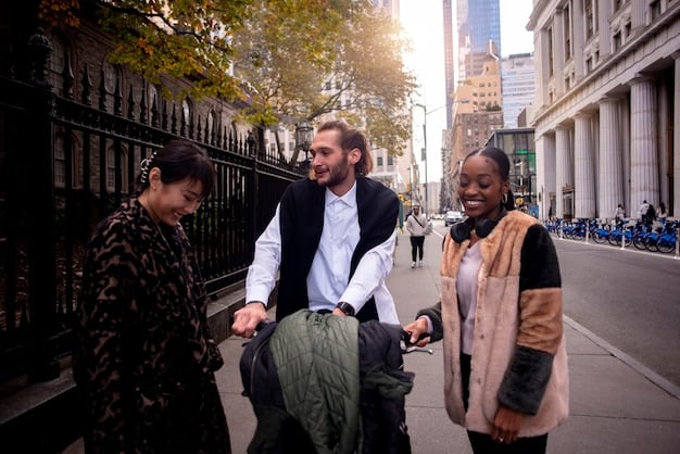 A diverse group of US commuters showing sustainable transportation options, including a person riding a bicycle on a bike lane, a bus stopping at a station, and two people carpooling in an electric vehicle, all under a clear sky.