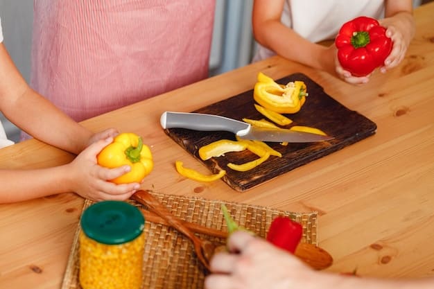 A close-up shot of a compost bin with organic waste (fruit peels, vegetable scraps) being added, showing a family's dedication to reducing food waste in a clean, modern kitchen setting.
