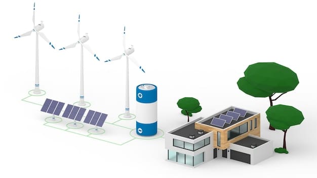 A detailed schematic showing a modern smart grid network, illustrating interconnected solar panels, wind turbines, battery storage units, and electric vehicle charging stations, all managed by AI.