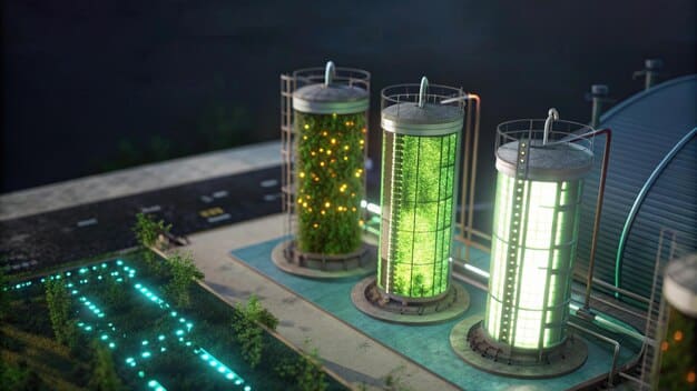 A detailed render of a green hydrogen production facility, featuring large electrolyzer units and storage tanks, surrounded by wind turbines, symbolizing clean energy production from renewable sources.