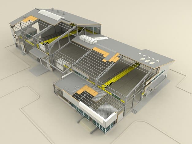 A detailed schematic illustrating the different stages of a modern material recovery facility (MRF), showing conveyor belts sorting various types of recyclables like plastics, paper, and glass bottles in the US context.