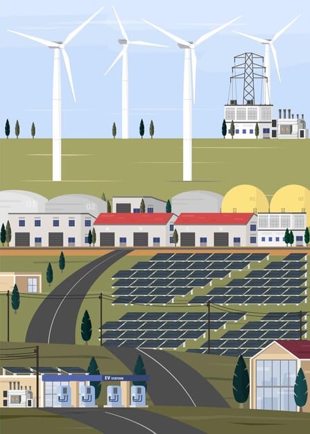 A detailed illustration of a complex power grid with various renewable energy sources (wind turbines, solar panels) interconnected through modern transmission lines, struggling to integrate into an older, traditional grid infrastructure, symbolizing the challenges of grid modernization.