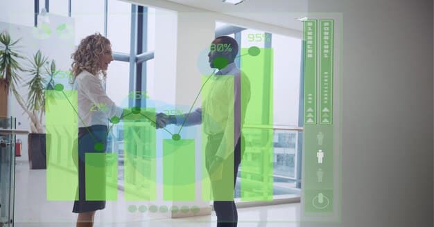 A clean, modern factory floor with advanced machinery and a digital dashboard displaying real-time environmental performance metrics, such as air quality and water usage. The setting is bright and optimized.