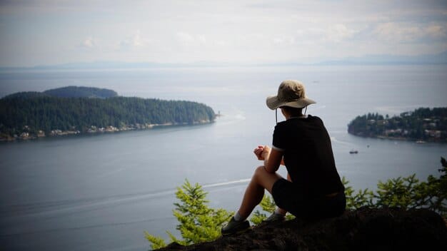 A traveler enjoying a breathtaking natural view, possibly a mountain range or a pristine beach, emphasizing peace and respect for nature. The person is admiring the scenery, not disturbing it.