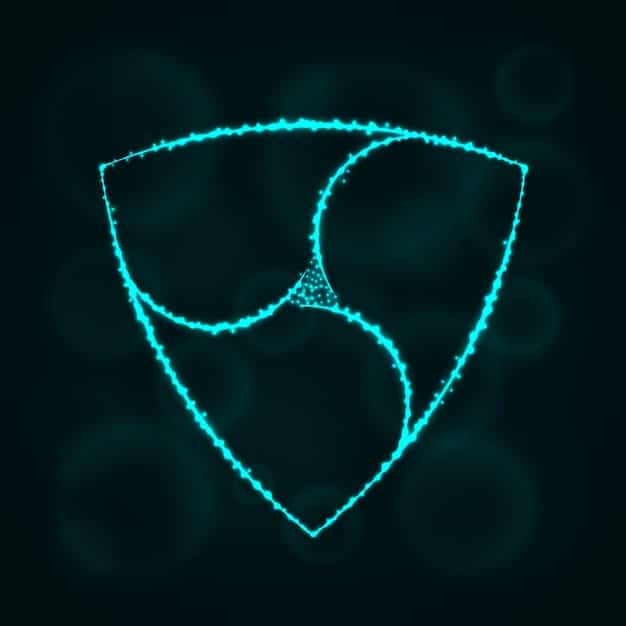 A stylized digital shield composed of interlocking geometric shapes, glowing with blue and green light, symbolizing cybersecurity and protection. In the background, faint lines of code move vertically.